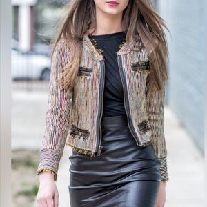 Chaser Silk Rainbow Metallic Tweed Bomber Jacket